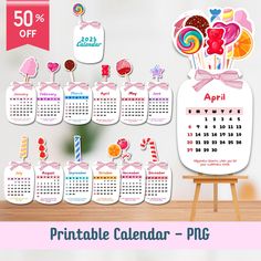 a calendar with candies and lollipops on it