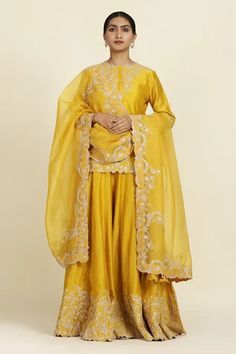 Shop for Oshi By Shikha Yellow Embroidered Chanderi Silk Sharara Set for Women Online at Aza Fashions Marodi Work, Satin Kurta, Flared Sharara, Silk Sharara, Traditional Attires, Kurta Set For Women, Short Kurta, Garment Care Labels, Red Chiffon