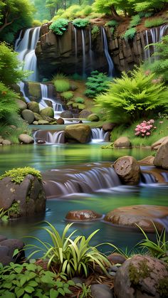 a painting of a waterfall in the middle of a forest with rocks and plants around it