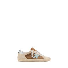 Golden Goose low-top colorblock leather and suede sneakers. Contrasting star patch at side. Flat heel. Round toe. Lace-up vamp. Breathable leather/cotton lining. Signature hand-stained rubber sole. Made in Italy.