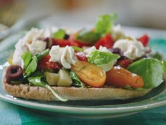 a close up of a plate of food with tomatoes, olives and lettuce