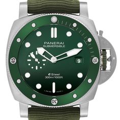 Panerai Submersible QuarantaQuattro Verde Smeraldo Steel Mens Watch PAM01287 Unworn. Automatic self-winding movement. Stainless steel cushion case, 44.0 mm in diameter. Panerai patented crown protector. Unidirectional rotating brushed stainless steel ceramic bezel with graduated scale. Scratch resistant sapphire crystal. Green polished gradient dial with luminous hands and hour markers. Small seconds subdial at the 9 o'clock position with luminous indexes. Date calendar window at 3 o'clock apert Green Timeless Automatic Watch Accessories, Luxury Green Watch Band For Formal Occasion, Luxury Green Watch Bands For Formal Occasions, Designer Green Watches For Formal Occasions, Luxury Green Automatic Watch, Luxury Formal Watches With 10atm Water Resistance, Panerai Submersible, Crystal Green, Cartier Ballon Bleu