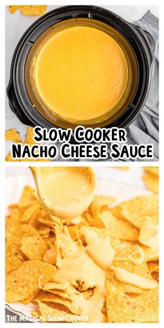 two pictures showing how to make slow cooker nacho cheese sauce