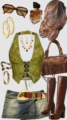 a woman's clothing and accessories including boots, purses, sunglasses, bracelets and necklaces