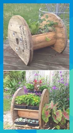 two pictures side by side with plants growing out of wooden wheels on the outside and inside