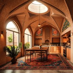 a large room with an arched ceiling and stained glass windows on the walls, along with a dining table surrounded by chairs