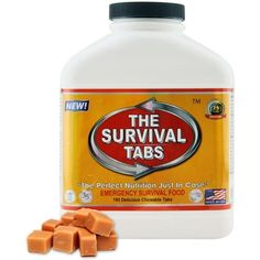 the survival tabs bottle is shown next to an orange flower