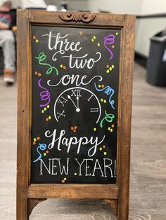 a chalkboard sign that says three two one happy new year