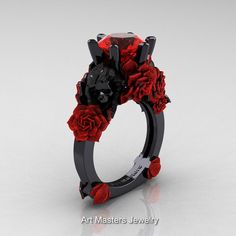 Love and Sorrow 3K Black Gold 3.0 Ct Ruby Skull and Red Rose Solitaire Engagement Ring R713-3KBRGSR Red And Black Wedding Ring, Black And Red Wedding Rings Sets, Red And Black Rings, Red And Black Ring, Blacm And Red Wedding Ring, Hair Accessories Tiara, Flag Dress, Skull Engagement Ring, Black Gold Ring