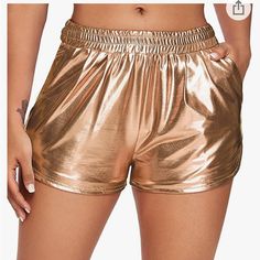 Metallic Gold Shorts, Elastic Waist, Shiny Pants, Never Worn, Xxl, Pockets Gold Bottoms With Built-in Shorts For Summer, Metallic Stretch Pants For Summer, Casual Metallic Bottoms With Pockets, Casual Solid Color Shorts For Party, Gold Party Bottoms With Pockets, Gold Stretch Bottoms Short Length, Gold High-waisted Shorts For Summer, Summer High-waisted Gold Shorts, Gold Bottoms For Night Out