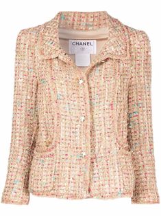 Sand beige/multicolour wool cotton-blend 2004 classic collar tweed jacket from Chanel Pre-Owned featuring tweed, classic collar, front button fastening, crop sleeves, buttoned cuffs, two front patch pockets, straight hem, full lining and circa 2004. POSITIVELY CONSCIOUS: Purchasing this item continues its narrative and reduces the environmental impact of using new resources. You can be confident that you’re making a better choice for the Planet.. | Chanel Pre Owned 2004 Classic Collar Tweed Jack Dreams List, Chanel Tweed Jacket, Mode Chanel, Chanel Tweed, Chanel Jacket, Shopping Chanel, Wildest Dreams, Antique Clothing, City Dress