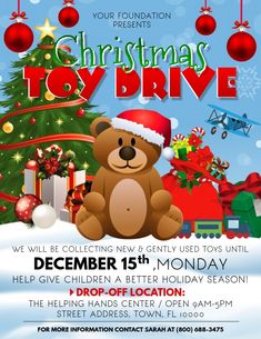 a christmas toy drive flyer with a teddy bear