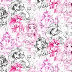 disney princesses with pink hair and hats on white background, drawn by hand in pencil