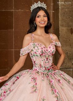 Dance the night away in this floral embroidered long cold shoulder corset dress with A-line skirt by Rachel Allan RQ2185. Let your princess look and feel like royalty for her Quinceanera with this glitter tulle ballgown! Sparkle and shine in this glamorous gown with shimmery applique and beading, and a stylish, strapless neckline that is both flattering and feminine. The perfect way to add a touch of old-fashioned elegance and sophistication to the day, the detachable cape train completes this l Summer Quinceanera Dresses, Embroidered Quinceanera Dress, Floral Quinceanera Dress, Mexican Quinceanera, Tulle Applique, Tulle Ballgown, Belle Cosplay, Detachable Cape, Quince Dresses Mexican