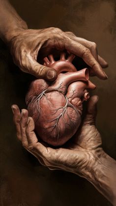 two hands holding a human heart in it's palm, while another hand holds the other