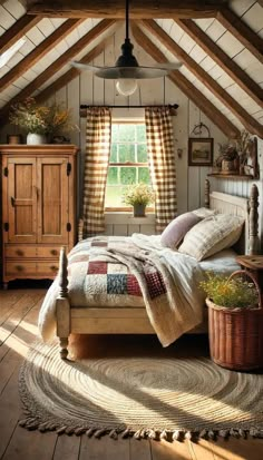 a bed sitting under a window in a bedroom next to a wooden dresser and chair