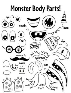 the monster body parts coloring page is shown in black and white, with an image of eyes