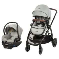 a baby stroller and infant car seat