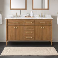 Embrace contemporary style for your bathroom renovation with the Rian double vanity by allen + roth. With a warm walnut finish, smooth white countertop and gold hardware accents, it's the perfect mix of trendy and timeless. It offers plenty of storage for tucking away all your grooming essentials thanks to 2 tilt-down drawers, two 2-door cabinets, 2 adjustable inner shelves, 1 u-shaped drawer and 1 double-deep drawer. In just one look, you'll see why it's the ideal piece for any main bathroom or Natural Wood Vanity Bathroom, Dual Sink Bathroom Vanity, 60 Inch Vanity Double Sink, 60 Inch Double Vanity, Bathroom Vanity Double Sink, Master Bath Vanity, Wood Bathroom Vanity, Double Vanity Bathroom, Double Sink Bathroom