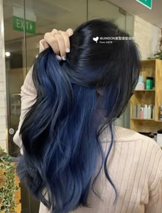 Blue Hidden Hair Color, Navy Blue Hair Underneath, Hair Highlight Ideas For Black Hair, Under Blue Hair Dye, Peek Through Hair Color, Women's Shaggy Haircuts, Blue Under Color Hair, Black Hair Dyed Blue, Midnight Blue Underneath Hair