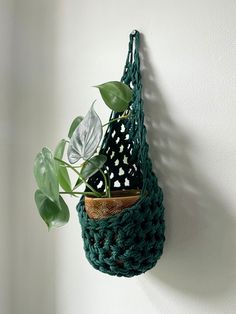 a potted plant hanging on the wall next to a green bag with a black and white polka dot design