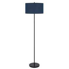 a black floor lamp with a blue shade on the base and a white light behind it