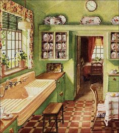 a painting of a green kitchen with checkered flooring and wallpapers on the walls