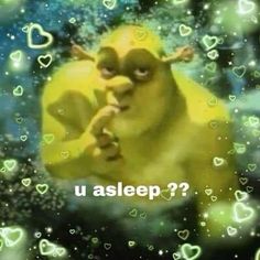 an animated image of a yellow creature with hearts all over it and the words u asleep?