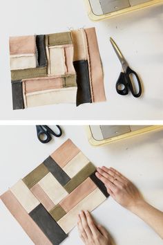 two pictures showing how to make a quilt with scissors and fabric on the table next to it