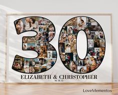 a sign that says, 30 elizabeth and christopher with pictures of people all over it