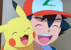 two pokemon characters are smiling and hugging each other in front of a screen with their mouths open