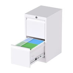 an office file cabinet with two drawers and one drawer open to reveal files on the inside