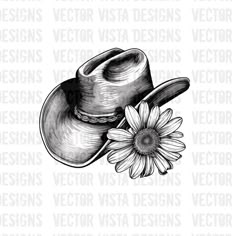 a drawing of a cowboy hat with a daisy in front of it on a white background