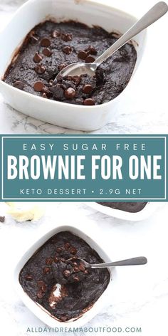 brownie in a white dish with chocolate chips on top and the words, easy sugar free brownie for one