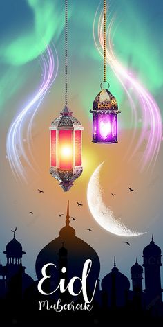 an eid mubarak greeting card with two hanging lanterns and crescent moon in the sky