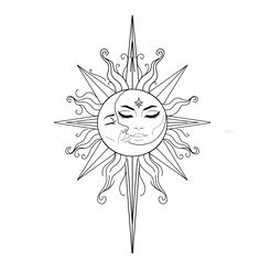 the sun and moon with faces drawn in black ink on a white background, as well as