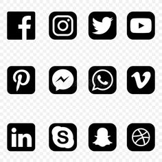 black and white social media icons set on transparent background png clipart free for personal use