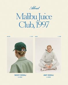 an advertisement for the new malbu juice club, featuring two women in white sweaters and