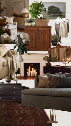 a living room filled with lots of furniture next to a fire place covered in blankets