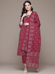 Bandhani Printed Mirror Work Pure Cotton Kurta With Trousers & Dupatta PRODUCT DETAILS  Maroon printed Kurta with Trousers with dupatta Kurta design: Bandhani printed Straight shape Regular style Tie-up neck, three-quarter regular sleeves Mirror work detail Calf length with straight hem Pure cotton machine weave fabric Trousersdesign: Solid Trousers Elasticated waistband Slip-on closure Size & Fit The model (height 5'8) is wearing a size S Material & Care Pure Cotton Machine Wash Specifications Traditional Drape Salwar Kameez With Bandhani Print, Unstitched Cotton Traditional Wear With Batik Print, Red Printed Traditional Unstitched Suit, Traditional Red Printed Unstitched Suit, Red Traditional Printed Unstitched Suit, Cotton Bandhani Print Salwar Kameez, Festival Cotton Unstitched Printed Suit, Festival Cotton Printed Unstitched Suit, Bollywood Style Printed Cotton Dupatta