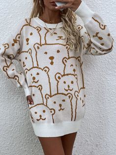 This cute knitwear features a crew neckline and can be worn as jumper or dress when leave full length. This cute cartoon bear print silhouette is perfect for the holiday season. Size Guide: Model is 5’2” tall, and has a 33.2” bust, 24.5”waist, & 36.7” hips. She is wearing a S / US 4 / AU 8. This sweater dress is true to size. Feature: Two wearable ways, Relaxed fit, Fun Silhouette. Material: 100% acrylic Care Instructions: Machine wash / Cold hand wash. Please note the swatch displayed is true t Cute Cartoon Bear, Cartoon Bear, Print Sweater, Friends Fashion, Measurement Chart, Knit Sweater Dress, Bear Print, Bear Pattern, Printed Sweater