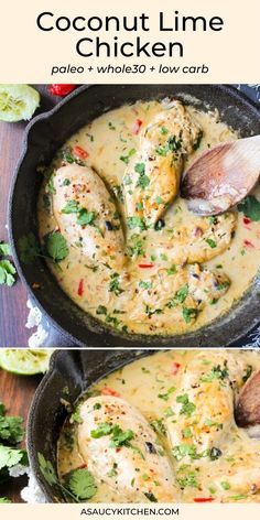 two pictures of chicken with coconut lime sauce in a cast iron skillet