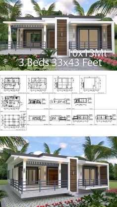 House design 33x43 Feet 10x13 m 3 Bedrooms PDF Floor plan Simple 3 Bedroom House Plans Open Floor, Small House Floor Plans 3 Bedroom Free Samples, Floor Plan Simple, One Floor House Plans, One Level House Plans, Small Modern House Plans