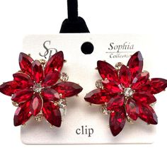 Earrings Clip On Red Crystal Glass Flower Rhinestone Elegant Special Occasion B#. I have lots if vintage jewelry listed . I'm new to eBay but have been selling for more than 10 years online. I sell on multiple sites so make an offer if interested. I combine shipping and offer discounts on orders of 3 or more items. Elegant Red Clip-on Earrings For Evening, Red Flower-shaped Wedding Earrings, Luxury Red Clip-on Earrings For Women, Formal Red Flower-shaped Earrings, Vintage Red Clip-on Earrings For Evening, Red Crystals, Cluster Earrings, Crystal Glass, Clip On