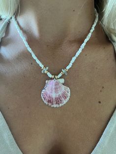 Beautiful handmade seashell necklace made with blue seaglass and pink scallop shells found here in Southwest Florida! Handmade Seashell Jewelry, Ocean Jewelry Diy, Beaded Sea Glass Jewelry For Beach, Beach Beaded Sea Glass Jewelry, Ocean-inspired Shell Beaded Necklaces, Handmade Ocean-inspired Sea Glass Necklaces, Beaded Shell-shaped Beachy Jewelry, Beachy Beaded Shell-shaped Jewelry, Handmade Pink Necklaces For The Beach