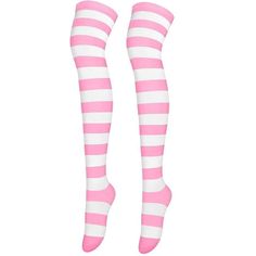 PRICES MAY VARY. Made of cotton,Soft and comfortable Theses over knee socks are fits US shoe size 5-9 & sock size 9-11, Approximately 23.6 inch Long (Without Elongating It ) Blue/Pink/Black White/Purple/Green Stripe Cotton Over Knee Socks, Will look outstanding with our skirts/ cospaly costume Classic stripes Anime cosplay inspired design. Package include: 2 x Pair Pack Thigh High Socks Perfect for daily wear, school uniform, party, cosplay or show, photography with unique design  Material: 100% Pink Thigh Highs, Pink Thigh High Socks, Striped Thigh High Socks, Stockings For Women, Striped Knee High Socks, Purple Socks, Mane 6, Over Knee Socks, Striped Tights