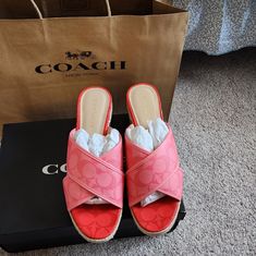 Size 9. New, In Box. Leather. Coach Slip-on Summer Heels, Chic Coach Sandals, Designer Coach Sandals, Designer Summer Heels By Coach, Summer Designer Coach Heels, Coach Sandals, Coach Shoes, Womens Shoes Wedges, Chloe