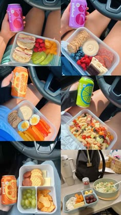 various pictures of food in plastic containers and on the table are photos of someone's feet