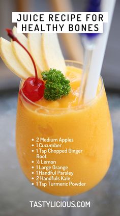 an orange juice recipe for healthy bones in a glass with garnish on top