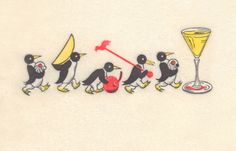 a group of penguins walking down a street next to a wine glass and an umbrella